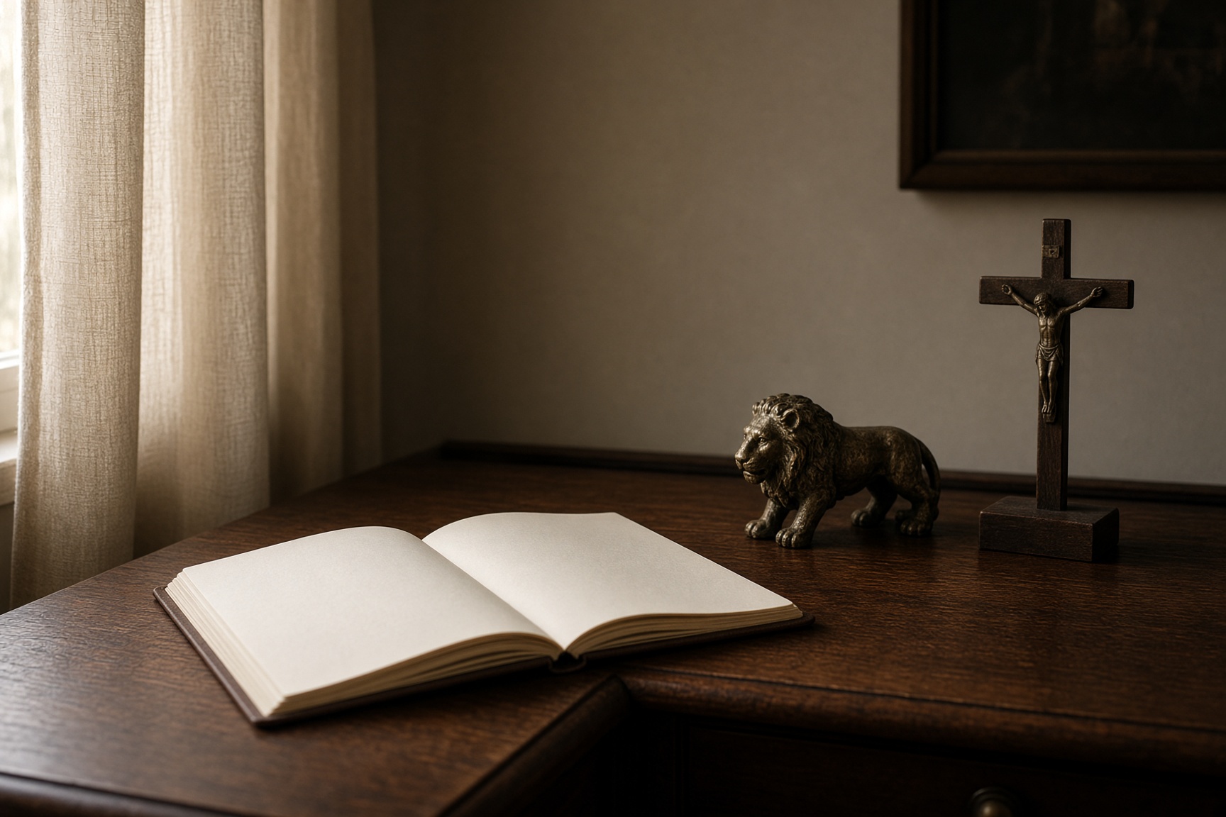A private study: an open book, a bronze lion, and a wooden crucifix in morning light.